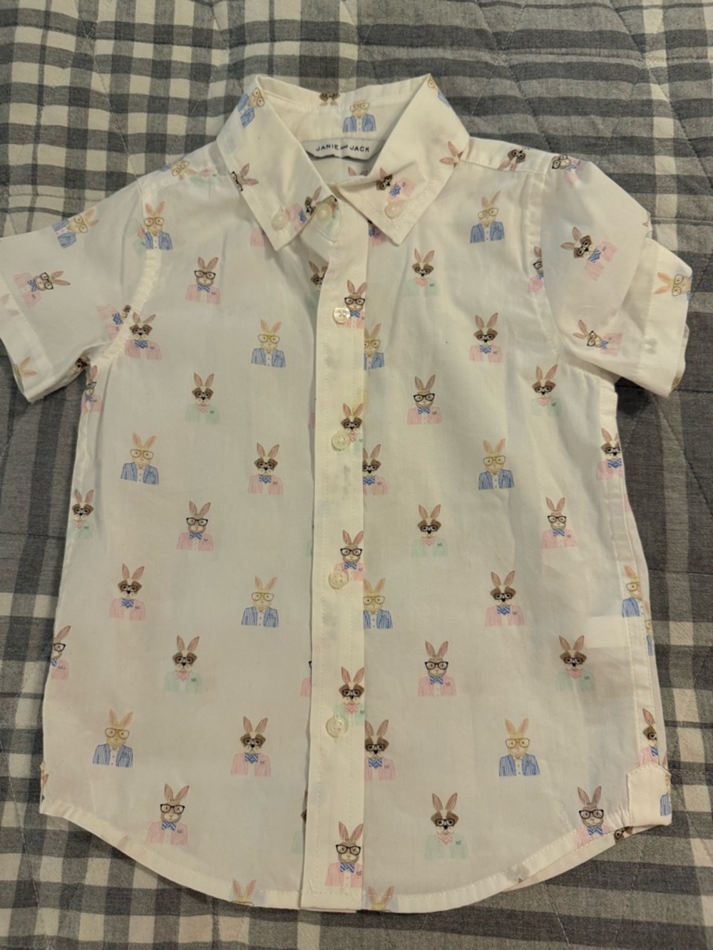 Janie and Jack Cream Button-Up Shirt with Pastel Bunny Print